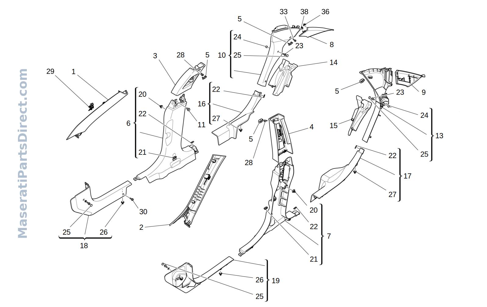09.44 - 1 - PASSENGER COMPARTMENT B PILLAR TRIM PANELS AND SIDE PANELS Diagram