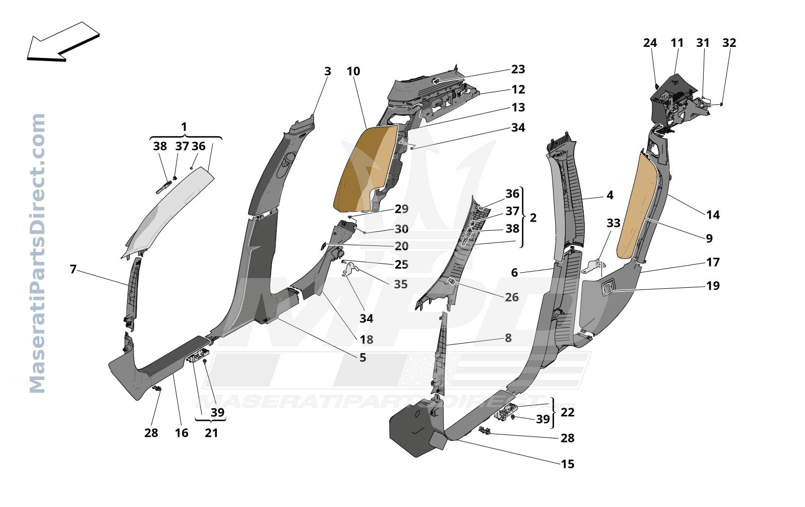 09.44 - 1 - PASSENGER COMPARTMENT B PILLAR TRIM PANELS AND SIDE PANELS Diagram